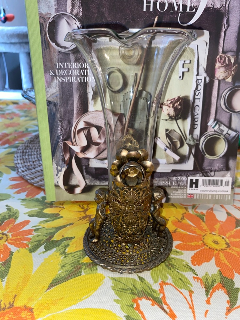 Vintage filigree, gold tone, metal cherubs angels on crumpet fluted glass vase